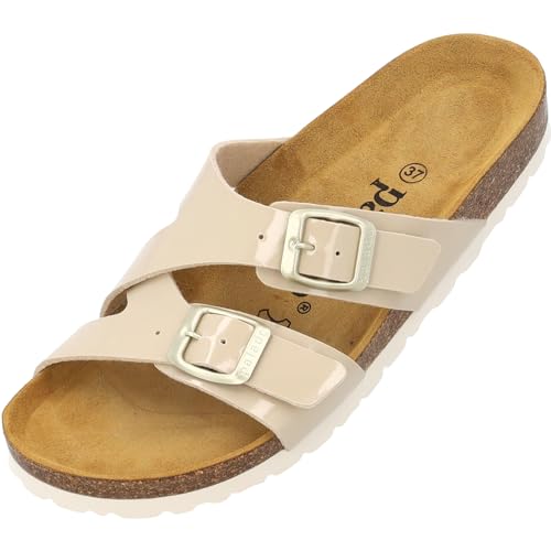 Palado Damen Pantoletten Arrila - Sandalen mit 2 Riemen - Hausschuhe mit Natur Kork-Fussbett - bequeme Schuhe mit Sohle aus feinstem Velourleder Beige Lack UK5,5 - EU38 von Palado