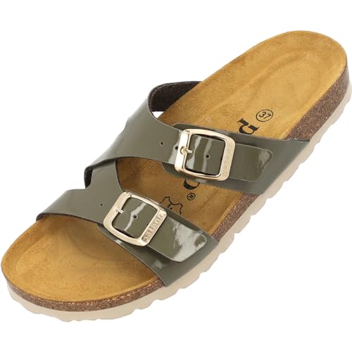 Palado Damen Pantoletten Arrila - Sandalen mit 2 Riemen - Hausschuhe mit Natur Kork-Fussbett - bequeme Schuhe mit Sohle aus feinstem Velourleder Khaki Lack UK4,5 - EU37 von Palado