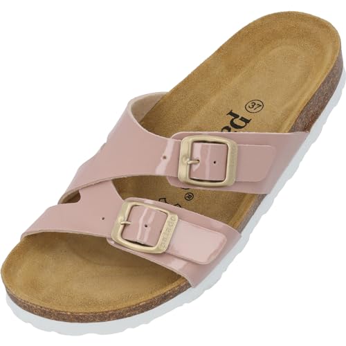 Palado Damen Pantoletten Arrila - Sandalen mit 2 Riemen - Hausschuhe mit Natur Kork-Fussbett - bequeme Schuhe mit Sohle aus feinstem Velourleder Rosa Lack UK3,5 - EU36 von Palado