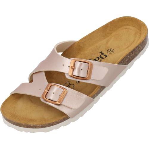 Palado Damen Pantoletten Arrila - Sandalen mit 2 Riemen - Hausschuhe mit Natur Kork-Fussbett - bequeme Schuhe mit Sohle aus feinstem Velourleder Rose Metallic UK4,5 - EU37 von Palado