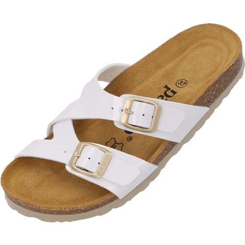 Palado Damen Pantoletten Arrila - Sandalen mit 2 Riemen - Hausschuhe mit Natur Kork-Fussbett - bequeme Schuhe mit Sohle aus feinstem Velourleder Weiß Lack UK5,5 - EU38 von Palado