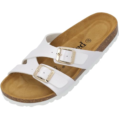 Palado Damen Pantoletten Arrila - Sandalen mit 2 Riemen - Hausschuhe mit Natur Kork-Fussbett - bequeme Schuhe mit Sohle aus feinstem Velourleder Weiß Metallic UK4,5 - EU37 von Palado