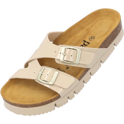 Palado Damen Pantoletten Arrila plateau- Sandalen mit 2 Riemen Hausschuhe mit Natur Kork-Fussbett - bequeme Schuhe mit Sohle aus feinstem Velourleder Beige Lack UK4,5 - EU37 von Palado