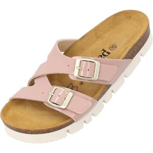 Palado Damen Pantoletten Arrila Plateau- Sandalen mit 2 Riemen - Hausschuhe mit Natur Kork-Fussbett - Bequeme Schuhe mit Sohle aus feinstem Velourleder Rosa Lack UK6 - EU39 von Palado