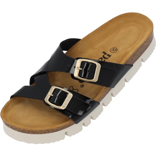 Palado Damen Pantoletten Arrila plateau- Sandalen mit 2 Riemen Hausschuhe mit Natur Kork-Fussbett - bequeme Schuhe mit Sohle aus feinstem Velourleder Schwarz Lack UK4,5 - EU37 von Palado