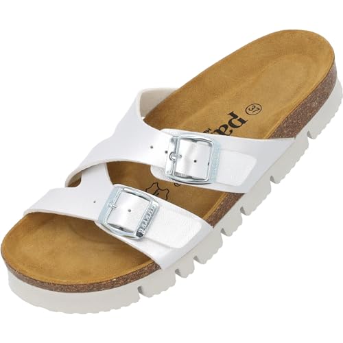 Palado Damen Pantoletten Arrila plateau- Sandalen mit 2 Riemen - Hausschuhe mit Natur Kork-Fussbett - bequeme Schuhe mit Sohle aus feinstem Velourleder Weiß Metallic UK3,5 - EU36 von Palado