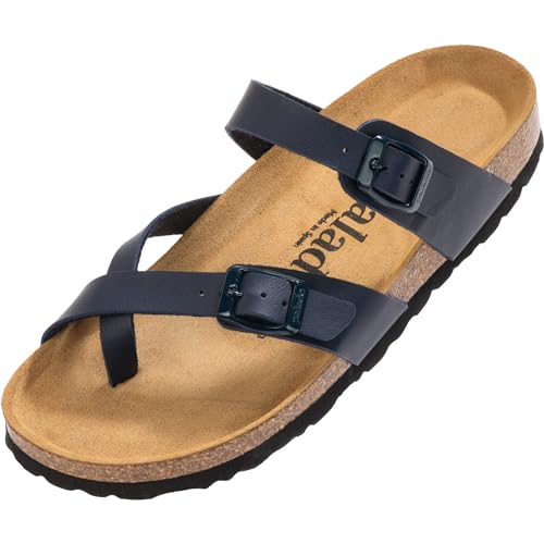 Palado Damen Pantoletten Cres Matt - Sandalen mit Riemen - Hausschuhe mit Natur Kork-Fussbett - bequeme Schuhe mit Sohle aus feinstem Velourleder Dunkelblau UK3,5 - EU36 von Palado