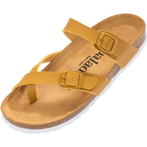 Palado Damen Pantoletten Cres Matt - Sandalen mit Riemen - Hausschuhe mit Natur Kork-Fussbett - bequeme Schuhe mit Sohle aus feinstem Velourleder Senfgelb UK4,5 - EU37 von Palado