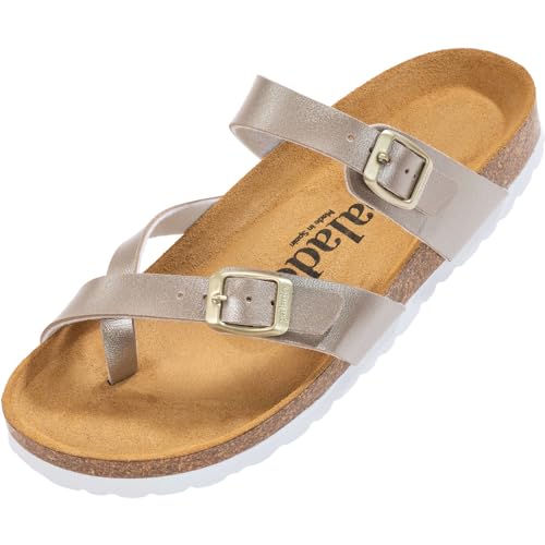 Palado Damen Pantoletten Cres Metallic - Sandalen mit Riemen - Hausschuhe mit Natur Kork-Fussbett - Schuhe mit Sohle aus feinstem Velourleder Beige UK3,5 - EU36 von Palado