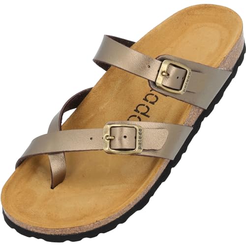 Palado Damen Pantoletten Cres Metallic - Sandalen mit Riemen - Hausschuhe mit Natur Kork-Fussbett - Schuhe mit Sohle aus feinstem Velourleder Bronze UK6 - EU39 von Palado