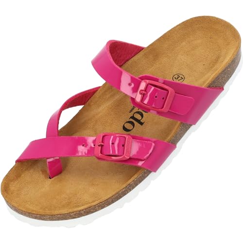 Palado Damen Pantoletten Cres Lack - Sandalen mit Riemen - extra bequeme Sandalen - Hausschuhe mit Natur Kork - Made in EU - mit Sohle aus natur Leder Pink UK4,5 - EU37 von Palado