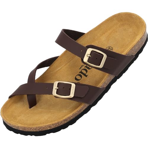 Palado Damen Pantoletten Cres Matt - Sandalen mit Riemen - Hausschuhe mit Natur Kork-Fussbett - bequeme Schuhe mit Sohle aus feinstem Velourleder Braun UK8 - EU41 von Palado