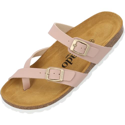 Palado Damen Pantoletten Cres Matt - Sandalen mit Riemen - Hausschuhe mit Natur Kork-Fussbett - bequeme Schuhe mit Sohle aus feinstem Velourleder Rosa UK7 - EU40 von Palado