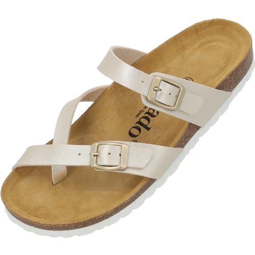 Palado Damen Pantoletten CRES Metallic - Sandalen mit Riemen - Hausschuhe mit Natur Kork-Fussbett - Schuhe mit Sohle aus feinstem Velourleder Altgold UK4,5 - EU37 von Palado