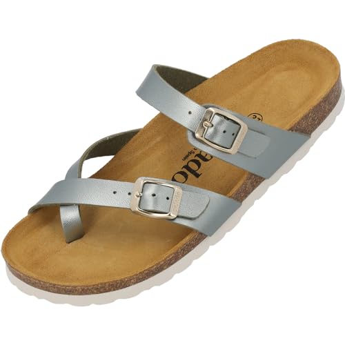 Palado Damen Pantoletten Cres Metallic - Sandalen mit Riemen - Hausschuhe mit Natur Kork-Fussbett - Schuhe mit Sohle aus feinstem Velourleder Olive UK4,5 - EU37 von Palado