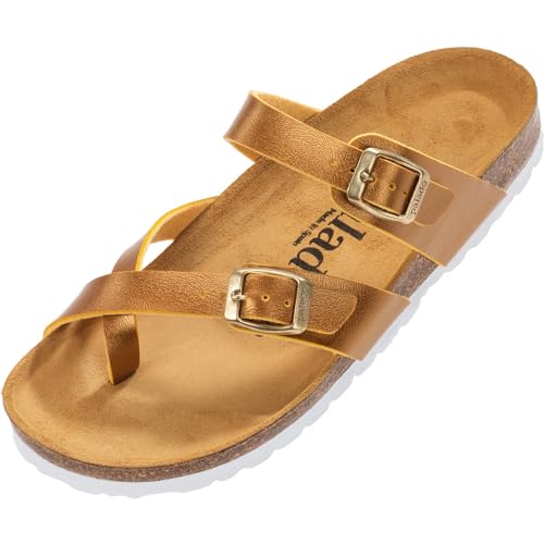 Palado Damen Pantoletten Cres Metallic - Sandalen mit Riemen - Hausschuhe mit Natur Kork-Fussbett - Schuhe mit Sohle aus feinstem Velourleder Senf/Gold UK7 - EU40 von Palado