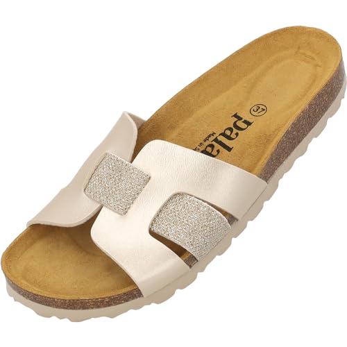 Palado Damen Pantoletten Crisui - Sandalen mit Glitzer Band - Hausschuhe mit Natur Kork-Fussbett - Bequeme Schuhe mit Sohle aus feinstem Velourleder Gold Metallic UK3,5 - EU36 von Palado