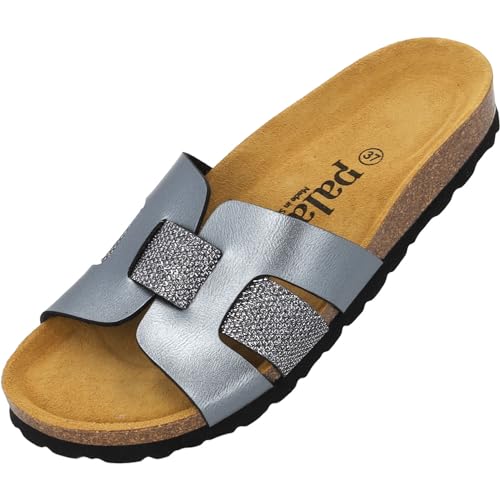 Palado Damen Pantoletten Crisui - Sandalen mit glitzernden Riemen - Hausschuhe mit Natur Kork-Fussbett - bequeme Schuhe mit Sohle aus feinstem Velourleder Grau Metallic UK6 - EU39 von Palado