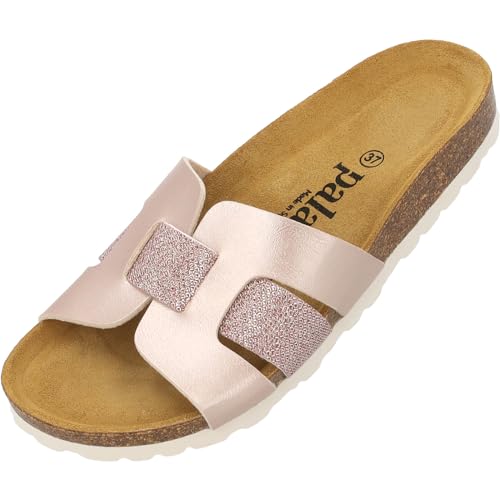 Palado Damen Pantoletten Crisui - Sandalen mit glitzer Band - Hausschuhe mit Natur Kork-Fussbett - bequeme Schuhe mit Sohle aus feinstem Velourleder Rosa Metallic UK5,5 - EU38 von Palado