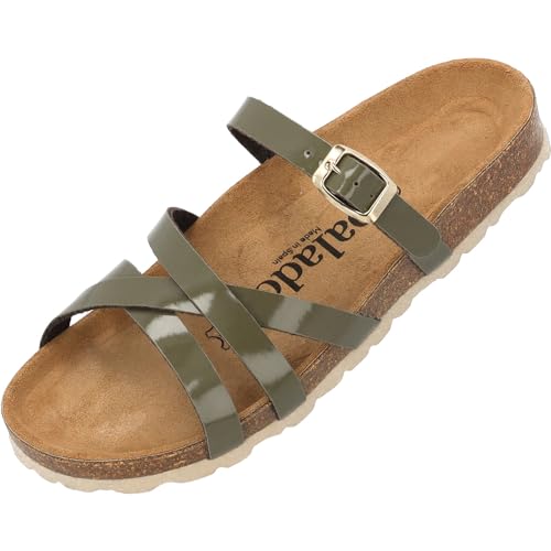 Palado Damen Pantoletten Cruisi - Schuhe mit Riemen - elegante Hausschuhe - Sohle aus feinstem Veloursleder - Sandalen mit Natur Kork-Fußbett Khaki Lack UK8 - EU41 von Palado