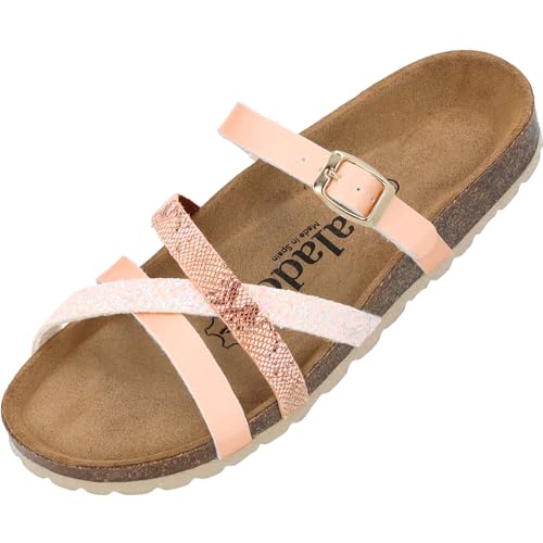 Palado Damen Pantoletten Cruisi - Schuhe mit Riemen - elegante Hausschuhe - Sohle aus feinstem Veloursleder - Sandalen mit Natur Kork-Fußbett Rose Multisparkle UK7 - EU40 von Palado