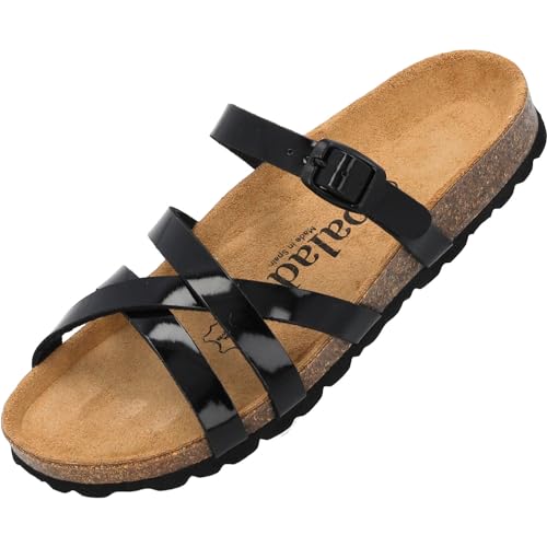 Palado Damen Pantoletten Cruisi - Schuhe mit Riemen - elegante Hausschuhe - Sohle aus feinstem Veloursleder - Sandalen mit Natur Kork-Fußbett Schwarz Lack UK7 - EU40 von Palado