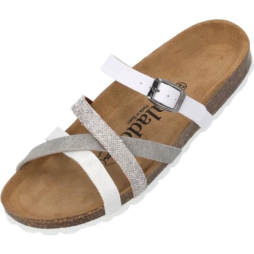 Palado Damen Pantoletten Cruisi - Schuhe mit Riemen - elegante Hausschuhe - Sohle aus feinstem Veloursleder - Sandalen mit Natur Kork-Fußbett Weiß/Grau UK4,5 - EU37 von Palado