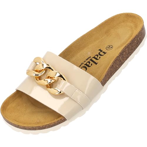 Palado Pantoletten Damen Gozo - bequeme Sandalen Made in Spain - Hausschuhe mit dämpfendem Kork-Fußbett - modische Sommerschuhe Beige Lack UK6 - EU39 von Palado