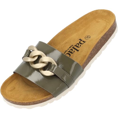 Palado Damen Pantoletten Gozo - bequeme Schuhe mit Kette - modische Sandalen - mit Kork-Fussbett - Sandaletten mit Leder-Laufsohle Khaki Lack UK3,5 - EU36 von Palado