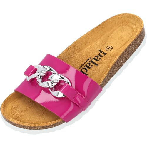 Palado Damen Pantoletten Gozo - bequeme Schuhe mit Kette - modische Sandalen - mit Kork-Fussbett - Sandaletten mit Leder-Laufsohle Pink Lack UK3,5 - EU36 von Palado