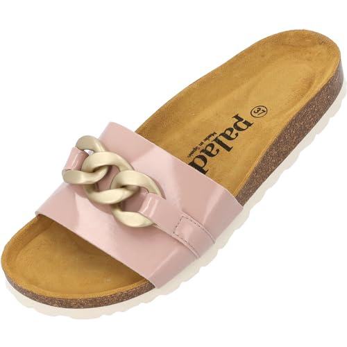 Palado Damen Pantoletten Gozo - bequeme Schuhe mit Kette - modische Sandalen - mit Kork-Fussbett - Sandaletten mit Leder-Laufsohle Rosa Lack UK4,5 - EU37 von Palado