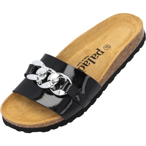 Palado Damen Pantoletten Gozo - bequeme Schuhe mit Kette - modische Sandalen - mit Kork-Fussbett - Sandaletten mit Leder-Laufsohle Schwarz Lack UK6 - EU39 von Palado