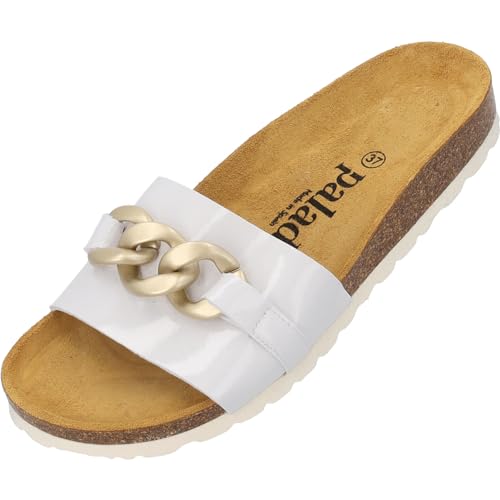 Palado Damen Pantoletten Gozo - bequeme Schuhe mit Kette - modische Sandalen - mit Kork-Fussbett - Sandaletten mit Leder-Laufsohle Weiß Lack UK3,5 - EU36 von Palado