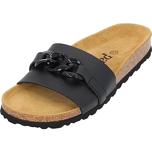 Palado Damen Pantoletten Gozo - bequeme Schuhe mit Kette - modische Sandalen - mit Kork-Fussbett - Sandaletten mit Leder-Laufsohle black UK4,5 - EU37 von Palado
