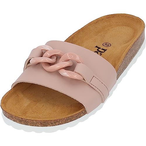 Palado Damen Pantoletten Gozo - Bequeme Schuhe mit Kette - modische Sandalen - mit Kork-Fussbett - Sandaletten mit Leder-Laufsohle rosa UK4,5 - EU37 von Palado