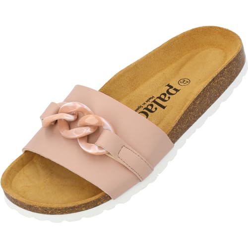 Palado Damen Pantoletten Gozo - bequeme Schuhe mit Kette - modische Sandalen - mit Kork-Fussbett - Sandaletten mit Leder-Laufsohle rosa UK8 - EU41 von Palado