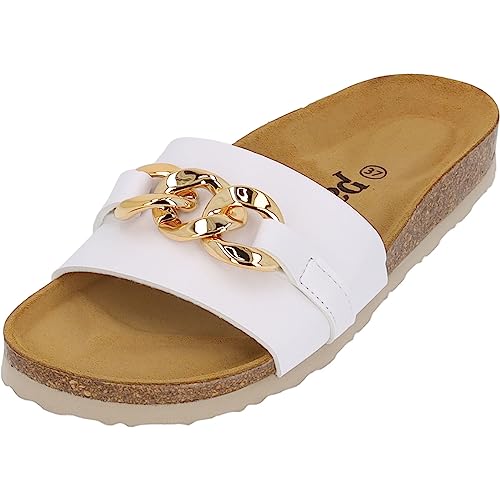 Palado Damen Pantoletten Gozo - bequeme Schuhe mit Kette - modische Sandalen - mit Kork-Fussbett - Sandaletten mit Leder-Laufsohle weiß UK8 - EU41 von Palado