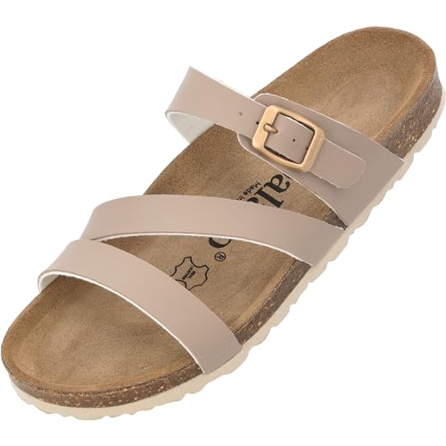 Palado Damen Pantoletten Ikaria Matt - Schuhe mit Riemen - Hausschuhe - Sohle aus feinstem Veloursleder - Sandalen mit Natur Kork-Fußbett Beige UK4,5 - EU37 von Palado