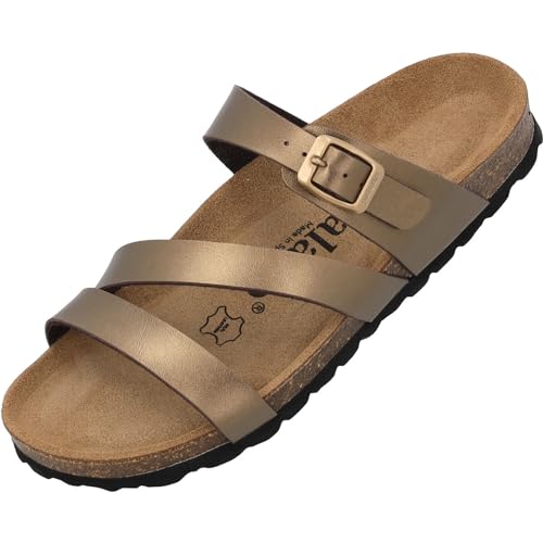 Palado Damen Pantoletten Ikaria Metallic - Schuhe mit Riemen - Hausschuhe - Sohle aus feinstem Veloursleder - Sandalen mit Natur Kork-Fußbett Bronze UK8 - EU41 von Palado