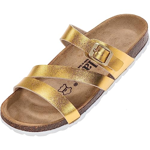 Palado Damen Pantoletten Ikaria Metallic - Schuhe mit Riemen - Hausschuhe - Sohle aus feinstem Veloursleder - Sandalen mit Natur Kork-Fußbett Gold UK4,5 - EU37 von Palado