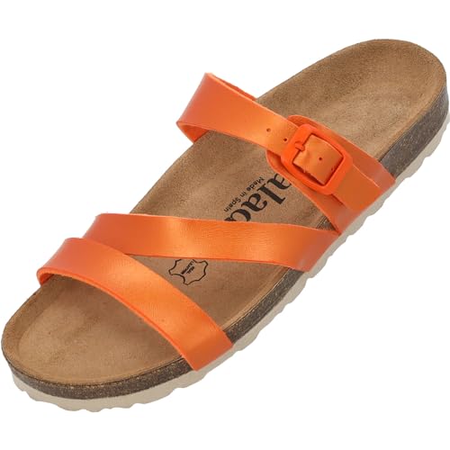 Palado Damen Pantoletten Ikaria Metallic - Schuhe mit Riemen - Hausschuhe - Sohle aus feinstem Veloursleder - Sandalen mit Natur Kork-Fußbett Orange UK6 - EU39 von Palado