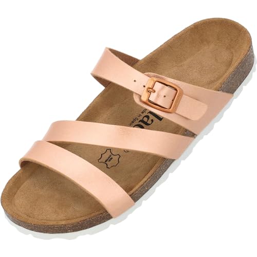 Palado Damen Pantoletten Ikaria Metallic - Schuhe mit Riemen - Hausschuhe - Sohle aus feinstem Veloursleder - Sandalen mit Natur Kork-Fußbett Rose UK9 - EU42 von Palado