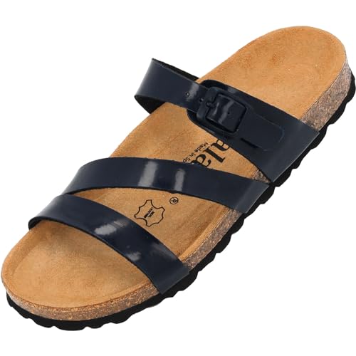 Palado Damen Pantoletten Ikaria lack - Schuhe mit Riemen - Hausschuhe - Sohle aus feinstem Veloursleder - Sandalen mit Natur Kork-Fußbett Dunkelblau UK7 - EU40 von Palado