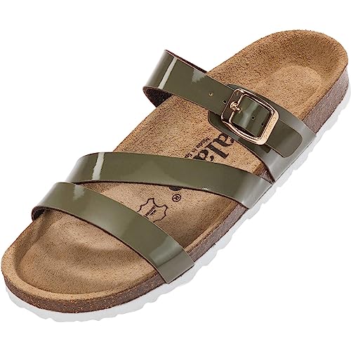 Palado Damen Pantoletten Ikaria Lack - Schuhe mit Riemen - Hausschuhe - Sohle aus feinstem Veloursleder - Sandalen mit Natur Kork-Fußbett Khaki UK9 - EU42 von Palado