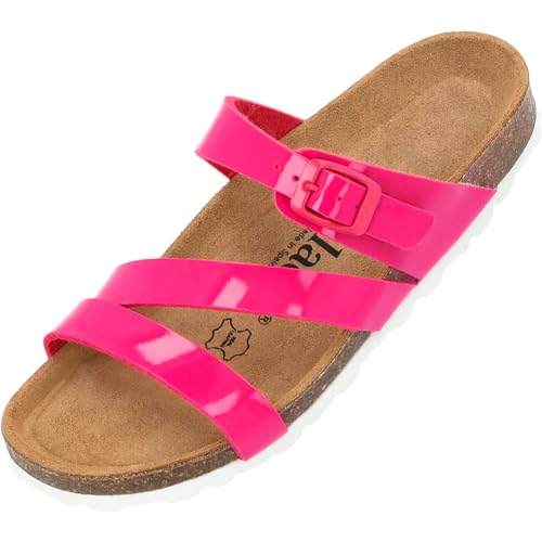 Palado Damen Pantoletten Ikaria lack - Schuhe mit Riemen - Hausschuhe - Sohle aus feinstem Veloursleder - Sandalen mit Natur Kork-Fußbett Pink UK4,5 - EU37 von Palado