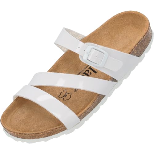 Palado Damen Pantoletten Ikaria Lack - Schuhe mit Riemen - Hausschuhe - Sohle aus feinstem Veloursleder - Sandalen mit Natur Kork-Fußbett Weiß UK3,5 - EU36 von Palado