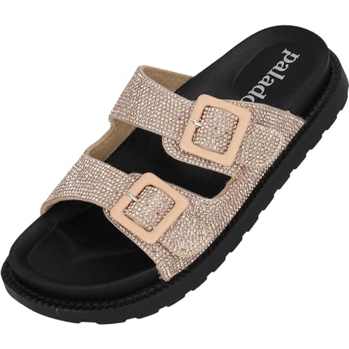 Palado Damen Pantoletten Irisa - Sandalen mit Strasssteinen - elegante Hausschuhe - bequeme Schuhe mit schwarzer Sohle Bronze Strass UK8 - EU41 von Palado