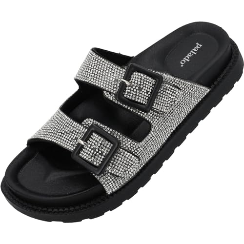 Palado Damen Pantoletten Irisa - Sandalen mit Strasssteinen - elegante Hausschuhe - bequeme Schuhe mit schwarzer Sohle Silber Strass UK8 - EU41 von Palado