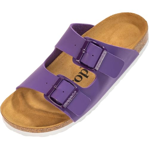 Palado Damen Pantoletten Korfu - Modische Sandalen mit 2 verstellbaren Riemen - Herren Hausschuhe mit Sohle aus feinstem Veloursleder und Natur Kork-Fussbett Basic Matt Lila 36 EU von Palado