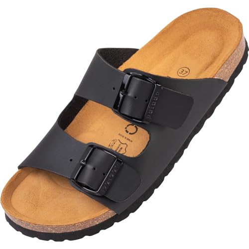 Palado Damen Pantoletten Korfu - Modische Sandalen mit 2 verstellbaren Riemen - Herren Hausschuhe mit Sohle aus feinstem Veloursleder und Natur Kork-Fussbett Basic Matt Schwarz 39 EU von Palado